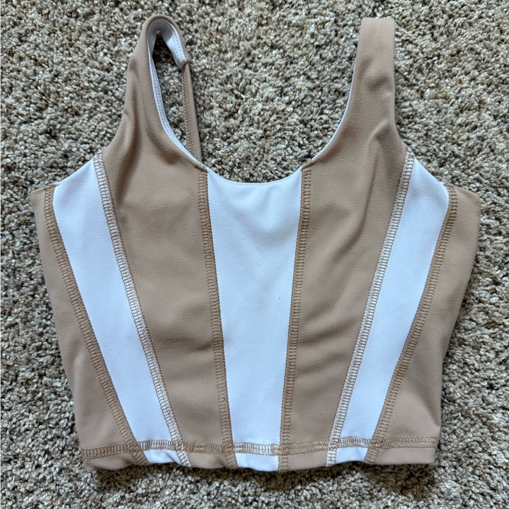 Find the label girls Tan and White Top